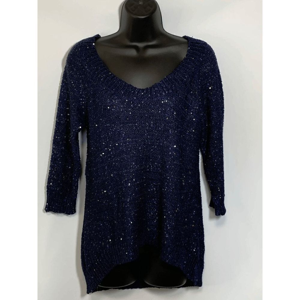 Belldini Womens Sweater Open Knit Shimmer Accent Blue Small